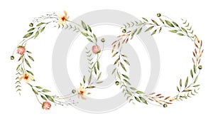 Watercolor Wreaths Collection with hand painted delicate leaves, pink flowers, roses. Romantic floral frames perfect for