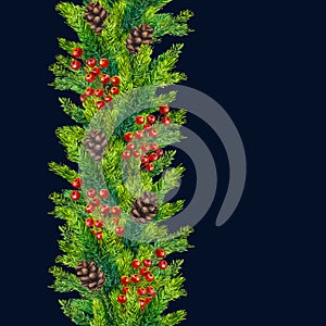 Watercolor xmas seamless borders of fir branches, cones and berries