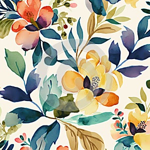 Watercolor yellow blue green bloom floral pattern background. Blossom garden flowers and greenery. Generative AI