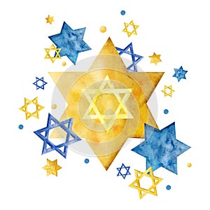 Watercolor yellow blue stars of David. Jewish illustration for Hanukkah, Purim, Proud to be Jew, Support Uktaine designs