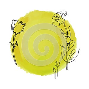 Watercolor yellow circle with flowers with uneven grunge, round colored frame for background.