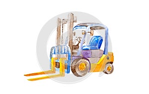 Watercolor yellow forklift with yellow forks without load in a quiet state on a white background isolated. Distribution