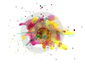 Watercolor yellow green pink bright spot and small splashes of paint isolated on a white background