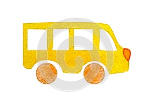 Watercolor yellow mini bus or taxi isolated on white background. Naive art illustration