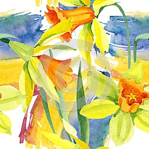 Watercolor yellow narcissus flower. Floral botanical flower. Seamless background pattern.