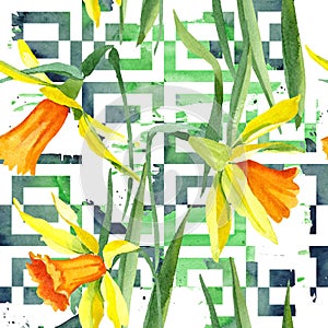 Watercolor yellow narcissus flower. Floral botanical flower. Seamless background pattern.