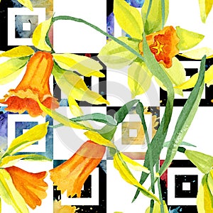 Watercolor yellow narcissus flower. Floral botanical flower. Seamless background pattern.