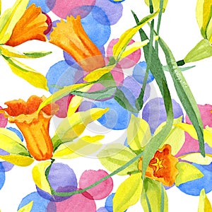 Watercolor yellow narcissus flower. Floral botanical flower. Seamless background pattern.