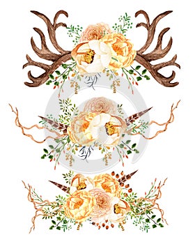 watercolor yellow peonies bouquets and floral deer antlers