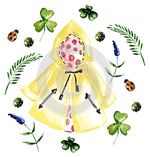 Watercolor yellow raincoat on a background of green herbs and flowers.