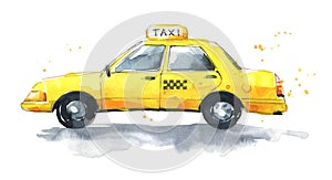 Watercolor yellow traditional  taxi, hand painted