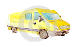 Watercolor yellow van truck with gray wheels and one window in the back  isolated on white background for postcards, business and