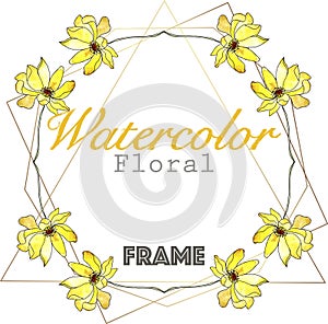 Watercolor yellow wreath with golden triangle frame