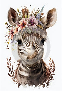 Watercolor zebra baby portrait with flowers crown. Vintage illustration for kids, nursery decor. Funny cartoon cute