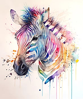 Watercolor zebra portrait, colorful painting. Rainbow nimal illustration. Created with Generative AI technology