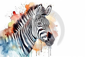 Watercolor zebra portrait illustration on white background