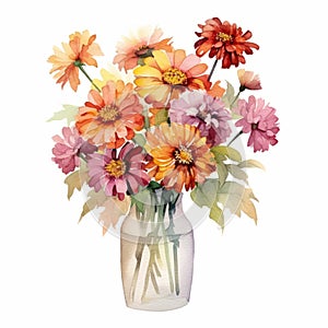 Watercolor Zinnia Bouquet In Vase Vector - Beautiful Floral Illustration