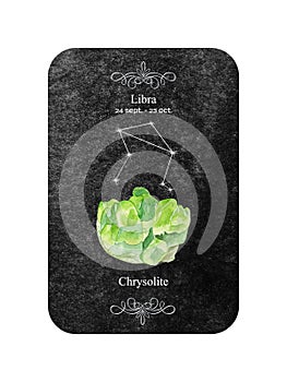 Watercolor zodiac sign Libra with stone Chrysolite on dark black background. October birthstone Chrysolite