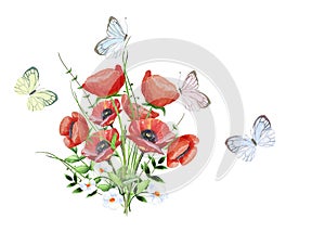 Watercolorbouquet of poppies with butterflies