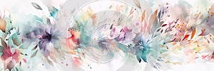 Watercolored abstract flowers and leaves on white background. Floral banner.