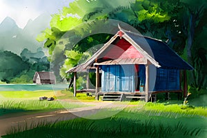 A watercolored bright serene image of a traditional bahay kubo, capturing the tranquility of rural life