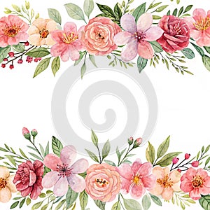 Watercolored Flower Border on white background photo