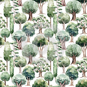 Watercolored green oak tree seamless pattern. Landscape background photo