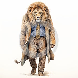 Watercolored Lion In A Vintage Coat And Tie: Hyperrealistic Wildlife Art With A Satirical Twist