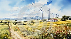 Watercolored painting of a windfarm on a meadow