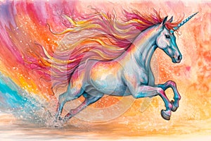 Watercolored pencil art of a colorful unicorn. AI generated photo