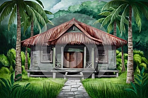 Watercolored serene image of traditional Bahay Kubo dwelling
