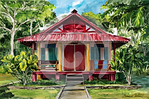 Watercolored traditional bahay kubo, vibrant and serene