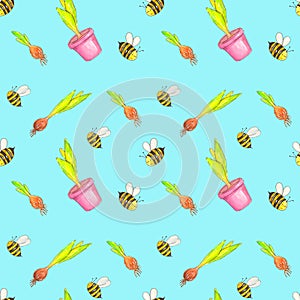 Watercolors draw a spring seamless pattern on a light blue background, consisting of bees, flower pots and flower bulbs.