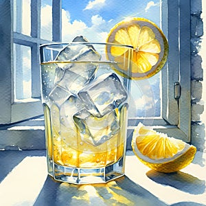 A watercolors of a glass of lemon juice with ice