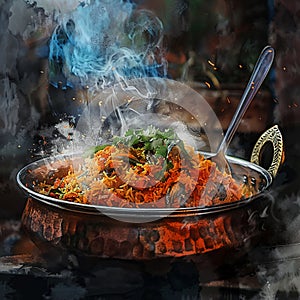 In watercolors, the magical marination process before Hyderabad biryani meets the flame, flavor in every detail photo