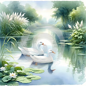 A watercolors of two white ducks swimming in a green river by generative AI