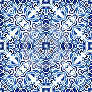 Watercolort handdrawn seamless blue geometric pattern tile design surface photo