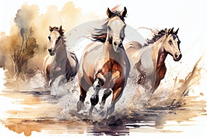 Watercolour abstract animal painting of brown horses running through a river