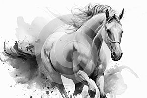 Watercolour abstract animal painting of an isolated horse, black and white image