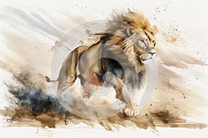 Watercolour abstract animal painting of an isolated male lion running in the jungle with dust and sand