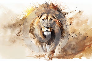 Watercolour abstract animal painting of an isolated male lion running in the jungle with dust and sand