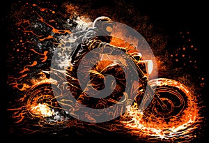 Watercolour abstract painting of an off-road motorcycle and rider where the motorbike is driving through fire and flames