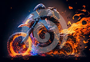 Watercolour abstract painting of an off-road motorcycle and rider where the motorbike is driving through fire and flames
