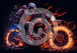 Watercolour abstract painting of an off-road motorcycle and rider where the motorbike is driving through fire and flames at an
