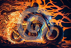 Watercolour abstract paintingof an off-road motorcyle and rider where the motorbike is driving through fire and flames at an photo