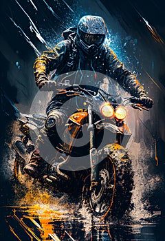 Watercolour abstract paintingof an off-road motorcyle and rider where the motorbike is driving through mud, dirt and water at an