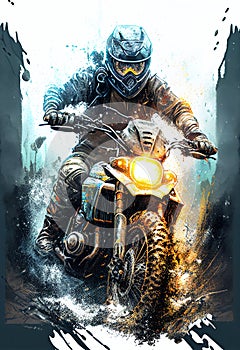 Watercolour abstract paintingof an off-road motorcyle and rider where the motorbike is driving through mud, dirt and water at an