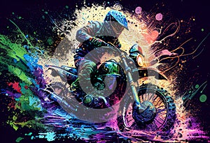 Watercolour abstract paintingof an off-road motorcyle and rider where the motorbike is driving through mud, dirt and water at an