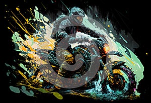 Watercolour abstract paintingof an off-road motorcyle and rider where the motorbike is driving through mud, dirt and water at an