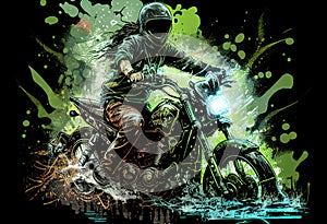 Watercolour abstract paintingof an off-road motorcyle and rider where the motorbike is driving through mud, dirt and water at an